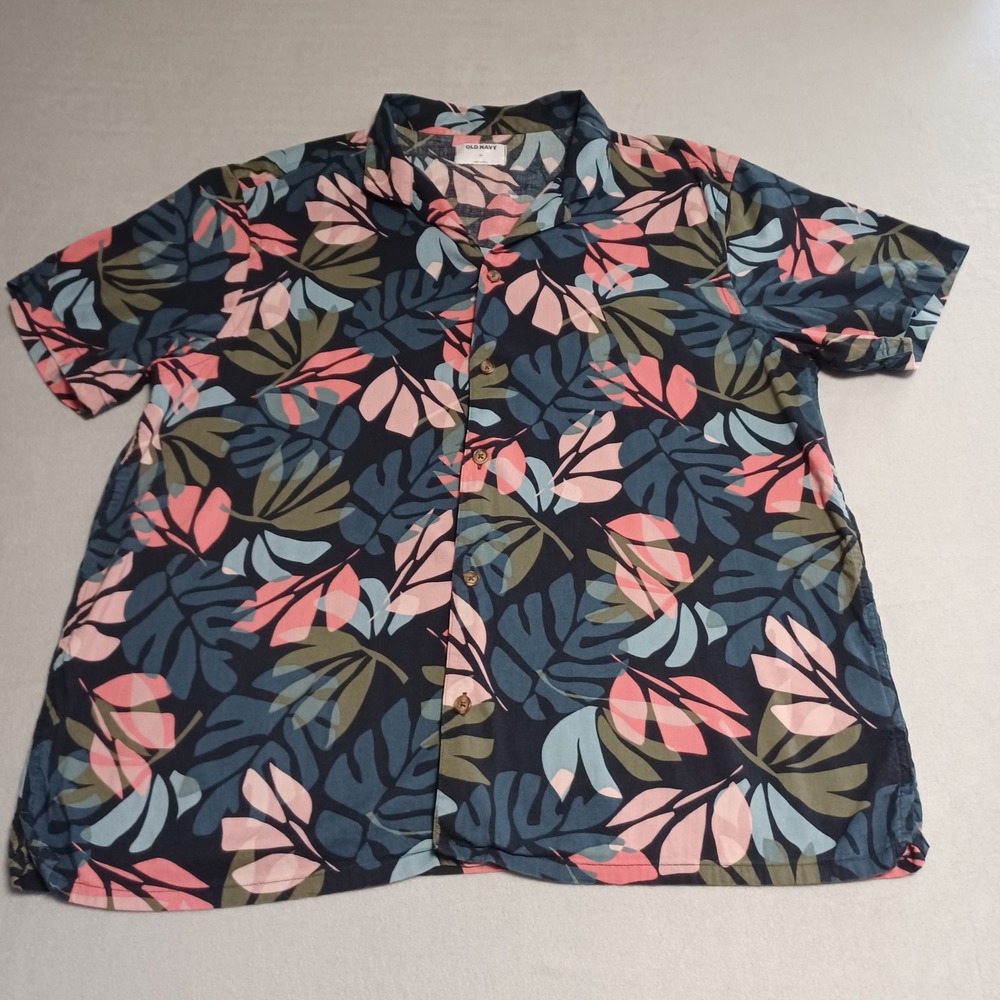Old Navy Mens XL Tropical Leaf Print Short Sleeve Button Down Shirt Navy Pink